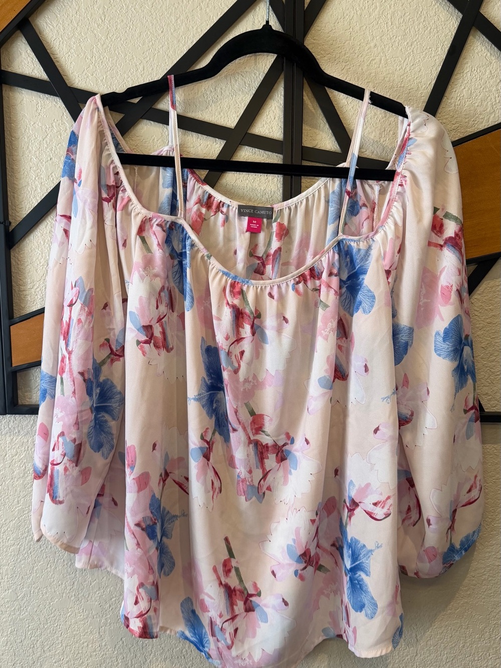 Vince Camuto Light Pink Floral Off-Shoulder Blouse with Blue Accents